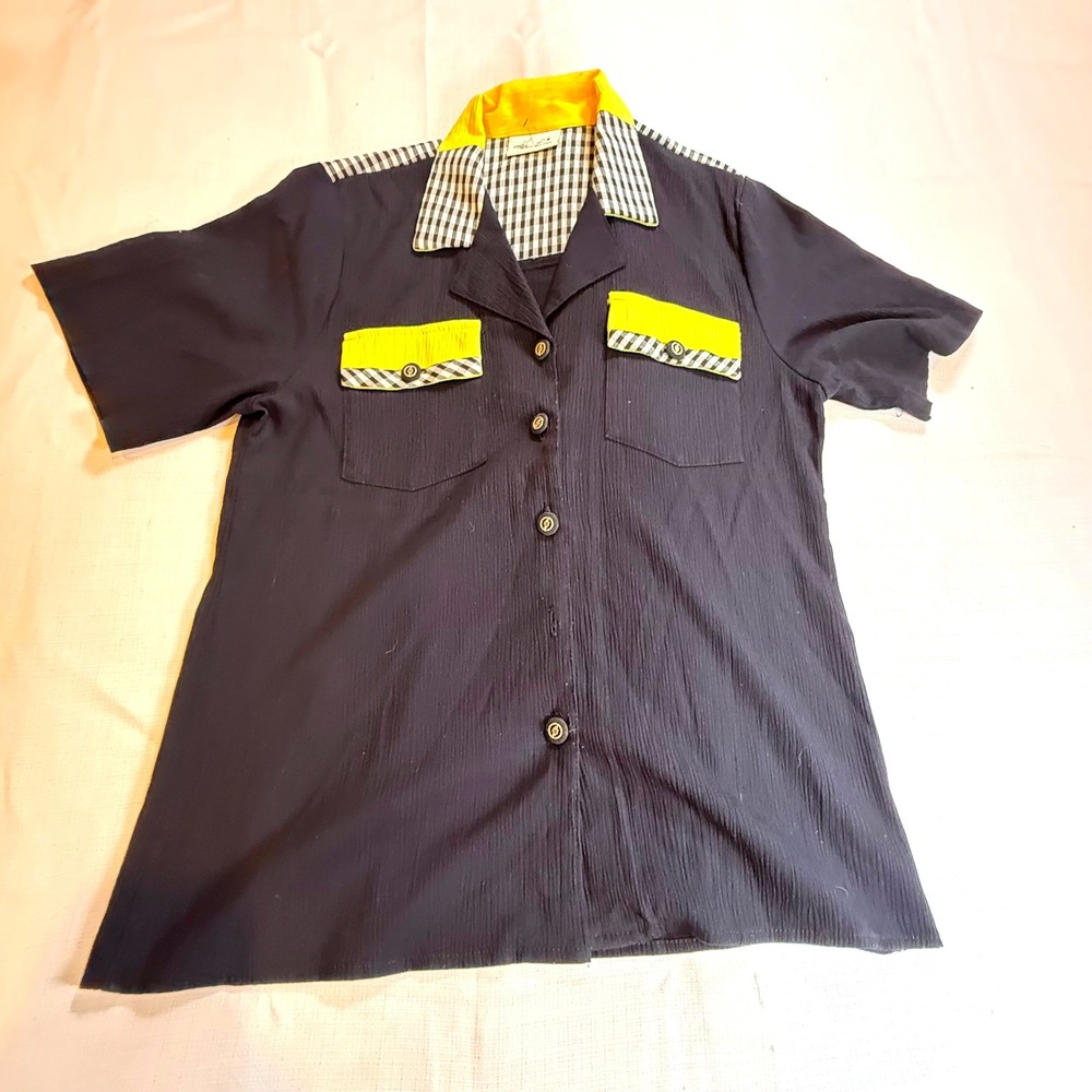 Vintage Kathie Lee Black Yellow Button Front Blouse Gingham Trim Womens Large